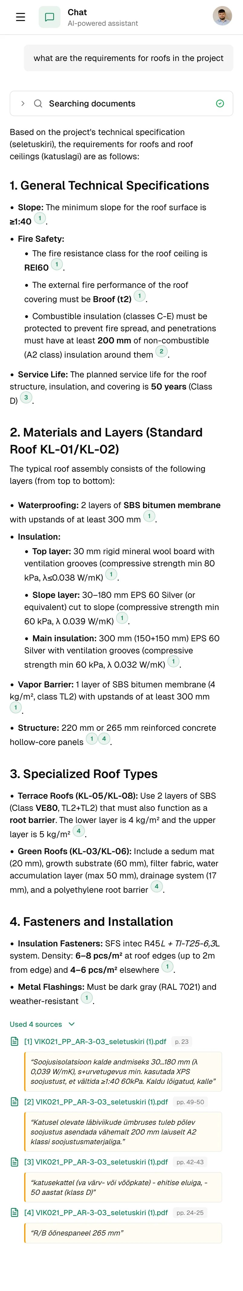 BuildFind mobile chat — an AI answer about roof assembly materials with numbered citation pills linking back to the source construction specification.